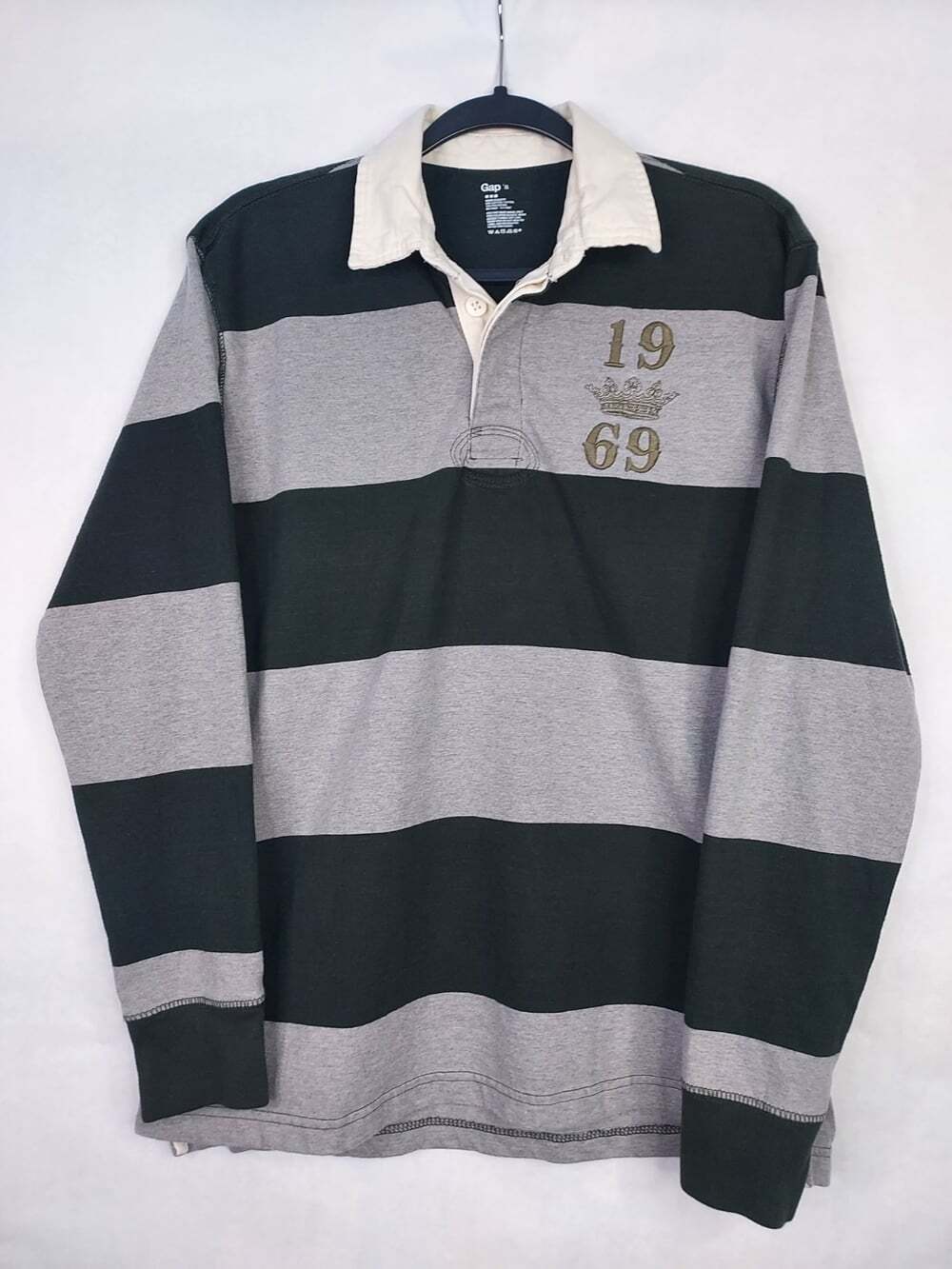GAP Rugby Polo Shirt Men's S Embroidered Crest Logo Grey Black Stripe Thick Y2K